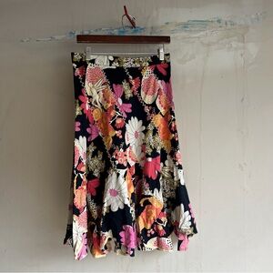 Vibrant Floral A-Line Skirt - Black, Pink, and Orange